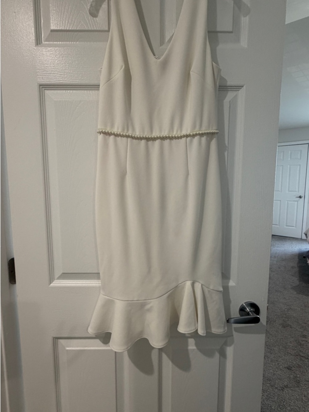 Betsey Johnson White V-Neck Midi Dress with Pearl Waist